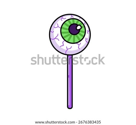 Eye, eyeball lollipop on stick. Scary horror halloween candy. Trick or treat. Cartoon vector isolated illustration.