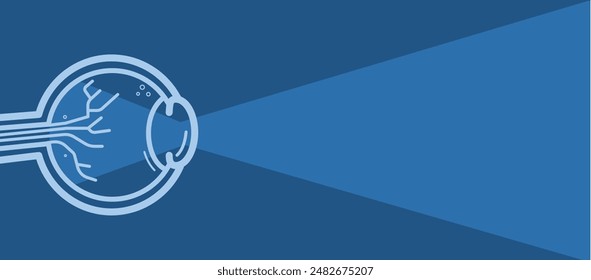 ojo, globo ocular con haz de luz visible, raíz, óptica, oftalmología - Anuncio, fondo de Vector azul con espacio libre de la copia	