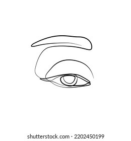 Eye with eyebrow, continuous line drawing, small tattoo, print for clothes and logo design, emblem or logo design, logo for the studio eyelash, isolated vector illustration.