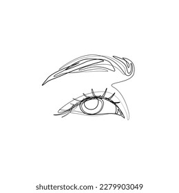 Eye with eyebrow, continuous line drawing, small tattoo, print for clothes and logo design, emblem or logo design, logo for the studio eyelash, isolated vector illustration.