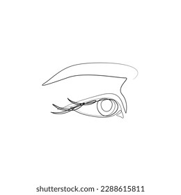 Eye with eyebrow, continuous line drawing, small tattoo, print for clothes and logo design, emblem or logo design, logo for the studio eyelash, isolated vector illustration.