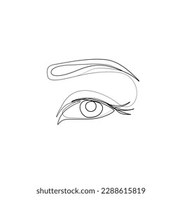 Eye with eyebrow, continuous line drawing, small tattoo, print for clothes and logo design, emblem or logo design, logo for the studio eyelash, isolated vector illustration.