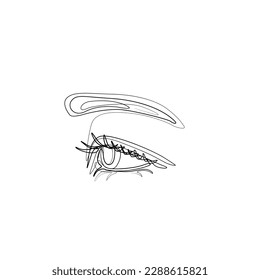 Eye with eyebrow, continuous line drawing, small tattoo, print for clothes and logo design, emblem or logo design, logo for the studio eyelash, isolated vector illustration.