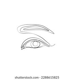 Eye with eyebrow, continuous line drawing, small tattoo, print for clothes and logo design, emblem or logo design, logo for the studio eyelash, isolated vector illustration.