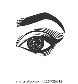 Eye and eyebrow with make up engraving style vector logo icon on white background
