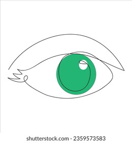 The eye with eyelashes is drawn with a single line. The iris of the eye has a green colour.