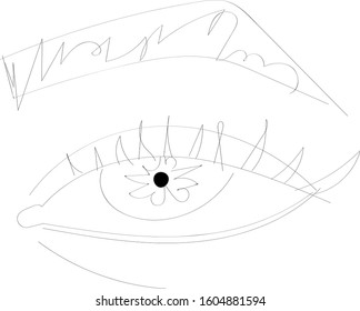 Eye with eyelashes and eyebrow, black outline. Template or symbol for the icon.