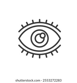 Ojo con pestañas, icono en diseño de línea. Ojos, pestañas, visión, mirada, belleza, maquillaje, diseño de pestañas sobre Vector de fondo blanco. Ojo con pestañas icono de trazo editable