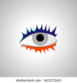 Eye with eyelashes in multicolored paints, on light background. Illustration.