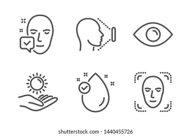 Eye, Face id and Sun protection icons simple set. Vitamin e, Face accepted signs. View or vision, Identification system. Medical set. Line eye icon. Editable stroke. Vector