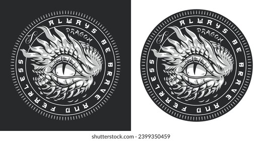 Eye fearless dragon monochrome poster with fragment of monster face in round frame for magazine design vector illustration