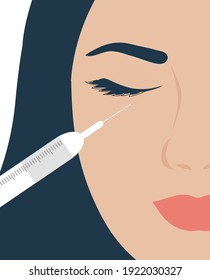 Concepto de relleno ocular. El médico rellena la inyección para rejuvenecer el tratamiento de la arruga en la ilustración del vector ocular de la mujer. Concepto de arruga cutánea de belleza