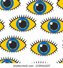 Auge in flachem Design in gelber und blauer Farbe. Moderner Druck für Modetextilien, Papierprodukte. Amulet aus dem bösen Auge. Vektorgrafik.