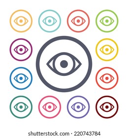 eye flat icons set. Open round colorful buttons. Vector 