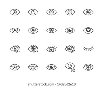 Eye flat line icons set. Tired eyes, vision, eyesight, makeup simple vector illustrations. Outline signs for visibility concept, optometrist clinic. Pixel perfect. Editable Strokes.