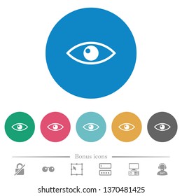 Eye flat white icons on round color backgrounds. 6 bonus icons included.