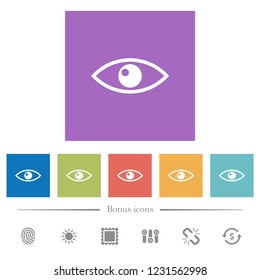Eye flat white icons in square backgrounds. 6 bonus icons included.