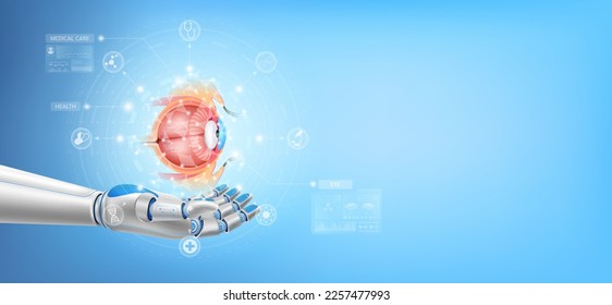 Eye float away from in robot hand. Futuristic medical cybernetic robotics technology. Innovation artificial intelligence robot assist care health. With copy space for text. ฺRealistic 3D Vector.