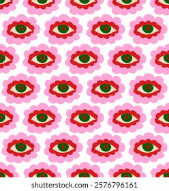 An eye in a flower with a heart inside. Cartoon style. Valentine's Day, February 14, festive seamless pattern. Vector background