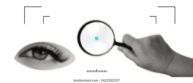 Eye focus. Contemporary art, halftone collage. Video camera viewing, scale, eye examination, search and viewing. A woman's hand holds a magnifying glass. Focusing the video camera. Vector collage.