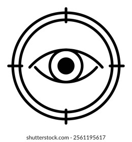 An eye with a focus symbol centered within, representing clarity, vision, and sharp attention round line vector icon with editable stroke