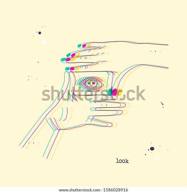 Eye in framing hands. Stereoscopic vector hand\
gesture showing rectangular frame. Conceptual background with 3D\
stereo effect. Glitch illustration with body language for poster or\
print design