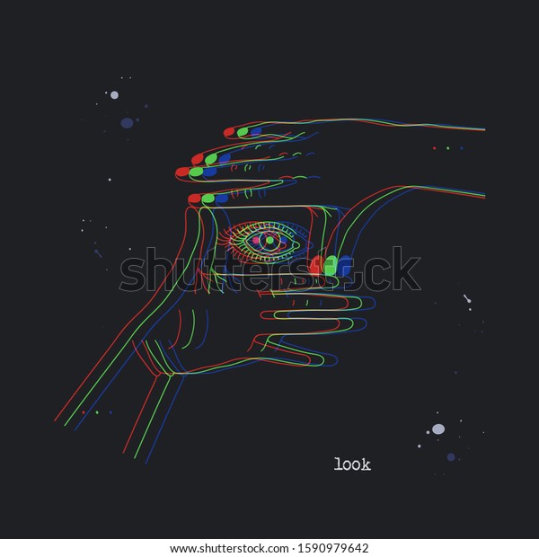 Eye in framing hands. Stereoscopic vector hand\
gesture showing rectangular frame. Conceptual background with 3D\
stereo effect. Glitch illustration with body language for poster or\
print design