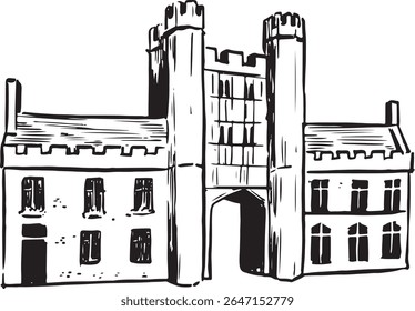 Portal dos Olhos de Bishop em Wells - Ilustração a Tinta de um Arco Medieval de Entrada.
Um desenho a tinta preta detalhado do famoso arco gótico, renderizado em linha nítida com foco na textura e forma.