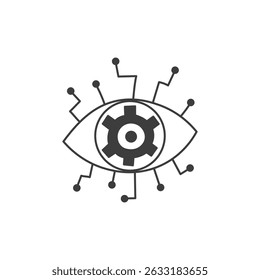 Ojo con engranaje e icono de circuito. Tecnología Robot AI Chatbot. Ilustración vectorial de doodle de esquema