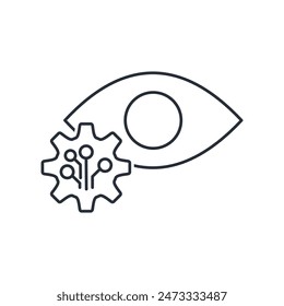 Eye and gear with a microcircuit. Electronic visual analysis. Verification system. Vector linear icon isolated on white background.