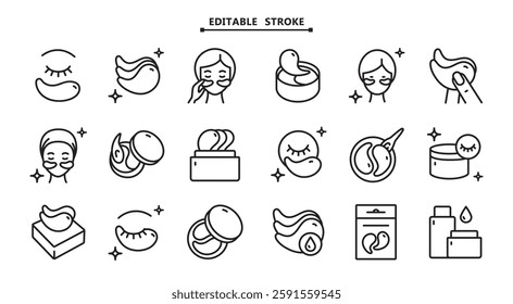 Eye gel patches color icons set. Editable stroke. Simple illustrations of eye mask. Trend care products signs collection. Flat isolated vector signs set on white background.