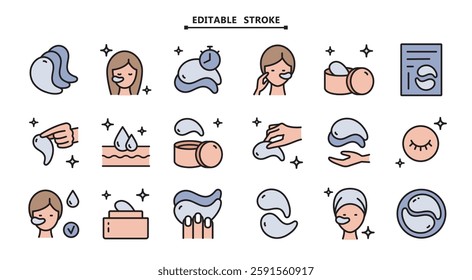 Eye gel patches color icons set. Editable stroke. Simple illustrations of eye mask. Trend care products signs collection. Flat isolated vector signs set on white background.