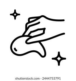 Eye gel patches in hand line icon. Linear logo for cosmetics. Simple illustration of eye mask. Trend care products. Contour isolated vector sign on white background.