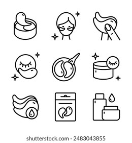 Eye gel patches line icons set. Simple illustrations of eye mask. Contour isolated vector signs set on white background. Trend care products signs collection.