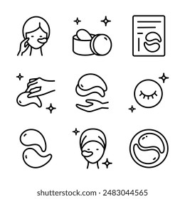 Eye gel patches line icons set. Simple illustrations of eye mask. Contour isolated vector signs set on white background. Trend care products signs collection.