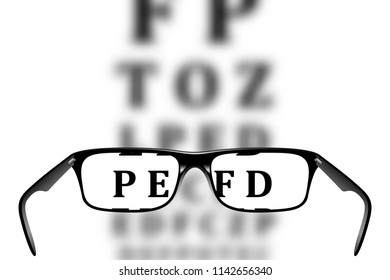 Eye glasses and blurred letters on Snellen chart, vector design