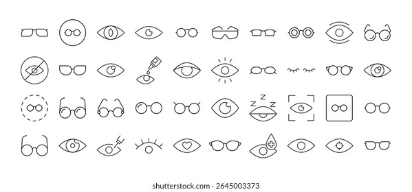 Pacote de Óculos e Olhos de Ícones de Linha Relacionados. Outline Signs para Gráficos e Web Design, Apps, Anúncios, Vários Cartões 