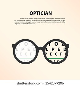 Eye glasses with eye chart. Optician, Vision Of Eyesight Vector Illustration