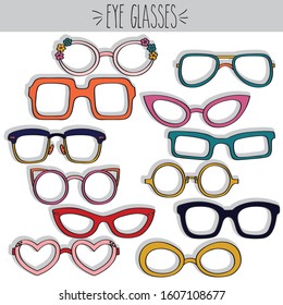 Eye Glasses, Colored illustration Vintage eye wear frames, Freehand, nerd, geek, fashion, JFK, flowers, accessory, heart, optical, men, women, retro, oval, cat, thin, thick, round, rectangular, Set