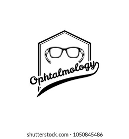 Eye glasses. Eyeglasses. Ophthalmology badge. Ophthalmology text Vector illustration