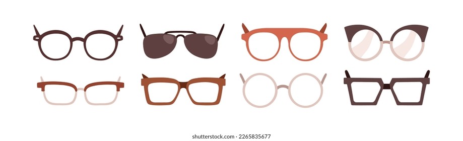 Eye glasses frames designs set. Fashion eyewear for eyesight. Eyeglasses rims in modern trendy style. Optical accessories of different shape. Flat vector illustrations isolated on white background