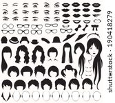 eye, glasses, hat, lips and hair, vector woman face parts, head character