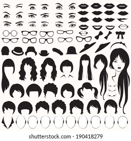 Eye, Glasses, Hat, Lips And Hair, Vector Woman Face Parts, Head Character