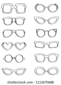 Eye Glasses illustration Set, Vintage eye frames, Black Outline, nerd, geek, fashion, JFK, flowers, freehand, accessory, heart, optical, men, women, retro, oval, cat, thin, thick, round, rectangular