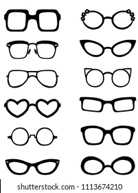 Eye Glasses illustration Set, Vintage frames, Black silhouette, nerd, geek, fashion, JFK, flowers, freehand, accessory, heart, optical, men, women, retro, oval, cat, thin, thick, round, rectangular