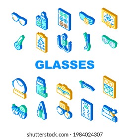 Eye Glasses And Lens Collection Icons Set Vector. Glasses Different Frames And Sponges For Cleaning, Recipe For Buy Treatment Device Isometric Sign Color Illustrations