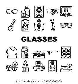 Eye Glasses And Lens Collection Icons Set Vector. Glasses Different Frames And Sponges For Cleaning, Recipe For Buy Treatment Device Contour Illustrations