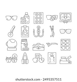 Eye Glasses And Lens Collection Icons Set Vector. Glasses Different Frames And Sponges For Cleaning, Recipe For Buy Treatment Device Contour Illustrations