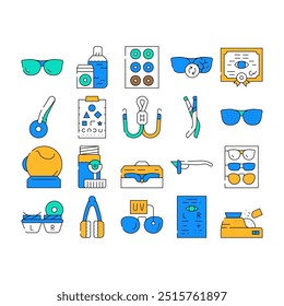 Eye Glasses And Lens Collection Icons Set Vector. Glasses Different Frames And Sponges For Cleaning, Recipe For Buy Treatment Device Contour Illustrations