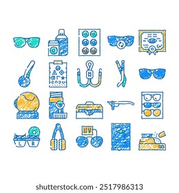 eye glasses and lens doodle icons set vector. sketch line art glasses different frames and sponges for cleaning, recipe for buy treatment device contour illustrations